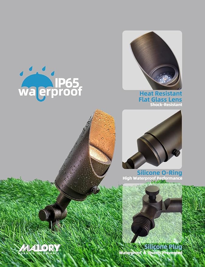 MALORY Brass Landscape Spotlight 6-Pack with MR16 Bulb Kit(S04), Low Voltage 12V AC/DC Shroud Adjustable Outside Yard Lights,PVC Ground Stake and Wire Connector Included, 5W 2700K Warm White