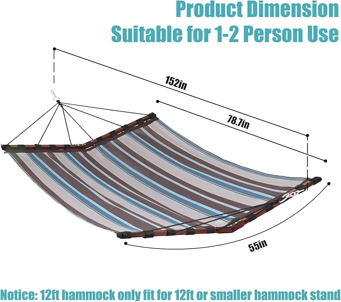 TegerDeger 12FT 2 Person Hammock Large Hammock Quick Dry 450LB Capacity with V Shaped Hardwood Spreader Bar & Nylon Rope for Outside, Patio, Garden, Backyard, Beach, Poolside - Brown Stripes