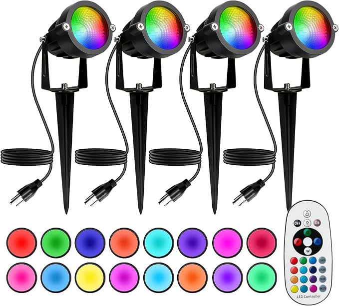 Halloween Christmas Spotlight Outdoor: 12W RGBW LED Spot Lights Outdoor with 16 Color Changing for Yard Garden Decor | 4 Pack of IP65 Waterproof 120V Plug in Landscape Lighting with Remote