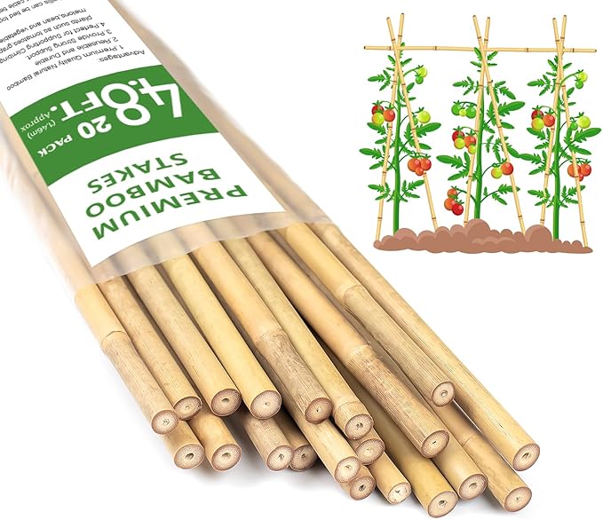 Plant Stakes 4.8FT, Natural Bamboo Stakes, HAINANSTRY 20Pcs Sturdy Bamboo Garden Stakes, Bamboo Sticks for Plants, Beans, Indoor and Outdoor Climbing Plants, Tomato Vegetable Stakes for Garden