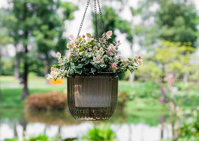 Melphoe 1 Pack Self Watering Hanging Planters Indoor Flower Pots, 8.3 Inch Outdoor Hanging Plant Pot Basket, Plant Hanger with 3Hooks Drainage Holes for Garden Home
