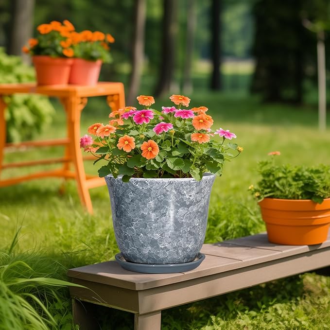 Ceramic Pots for Plants - 10 Inch Planter with Drainage Hole and Saucer, Round Plant Pot for Indoor Outdoor, Decorative Flower Pot, Modern Planter, Garden Decor, Gifts for Plant Lover, Grey