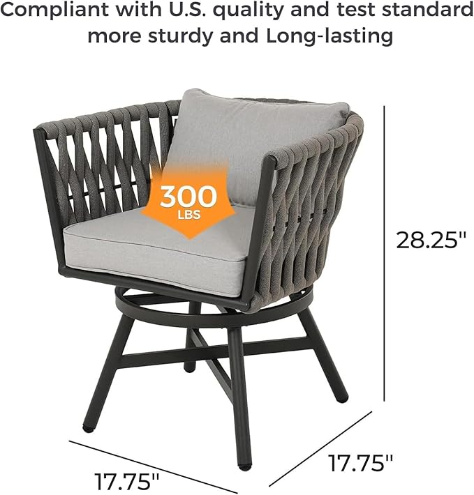 Grand patio Swivel Rope Wicker Chairs Set of 2, Patio Dining Chairs with Cushions, Wicker Armchairs Frame, Outdoor Modern Style for Backyard, Balcony, Quinn, Light Gray Brown