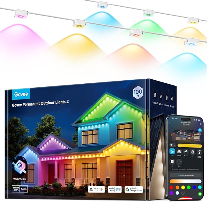 Govee Permanent Outdoor Lights 2, 150ft RGBIC Outdoor Lights with 108 LED Lights, IP67 Waterproof, 100 Scene Modes with 40lm White for Outdoor Decorations, Works with Alexa, Google Assistant, White