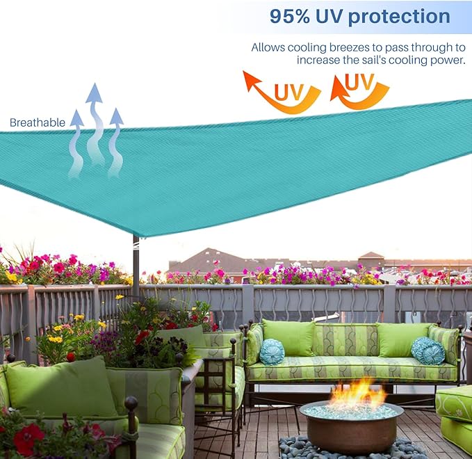 E&K Sunrise 5' x 5' x 5' Sun Shade Sail Triangle Canopy Shade Cover UV Block for Patio Backyard Garden Outdoor (Turquoise)