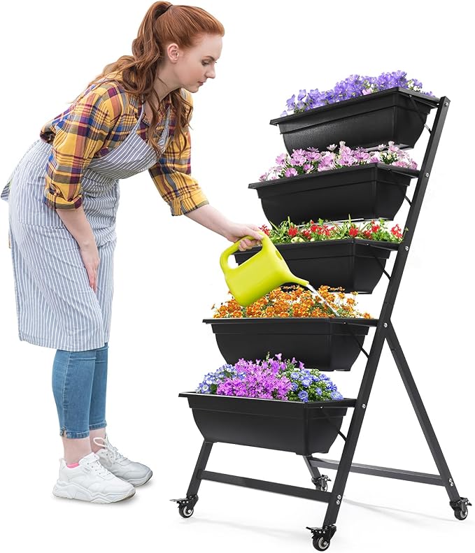 Outvita 4.4 FT Vertical Garden Bed, 5 Tier Vertical Raised Planter, Removable Black Raised Bed Box with 4 Wheels, Movable Elevated Vegetable Flower Planter for Patio Yard Indoor Outdoor