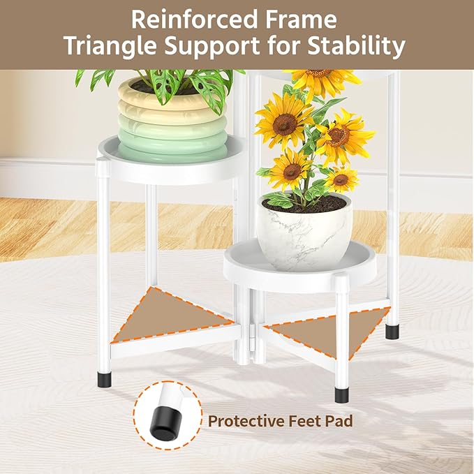 LASZOLA 4 Tiered Folding Plant Stand Indoor for Multiple Large Planter, Tall Heavy Duty Adjustable Rack with Rust Proof Plastic Shelving, Sturdy Vertical Tree Organizer for Narrow Inside Floor, White