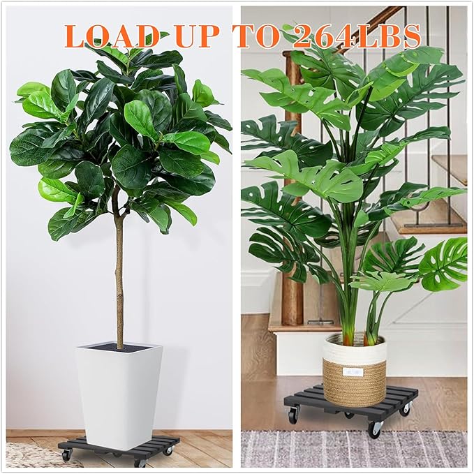 2 Pack Plant Stand with Wheels, 12" Rolling Plant Stand 264 LBS Heavy Duty Wooden Square Plant Caddy with Metal 360° Lockable Caster Wheels for Outdoor Indoor Large Plant Pots, Flower Pot, Patio-Black