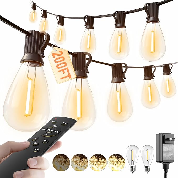 luckystyle 200FT LED Outdoor String Lights with Remote, 74+2 Shatterproof Bulbs Waterproof and Dimmable Patio Lights for Porch, Garden, Backyard, Deck, Balcony, 2200K Hanging Lighting