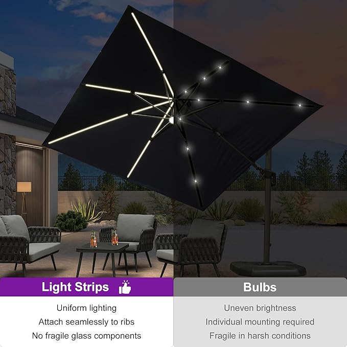 PURPLE LEAF 10 Feet Patio Umbrella Outdoor Cantilever Solar Powered LED Swivel Square Umbrella Aluminum Offset Umbrella with 360-degree Rotation for Garden Deck Pool Patio, Navy Blue