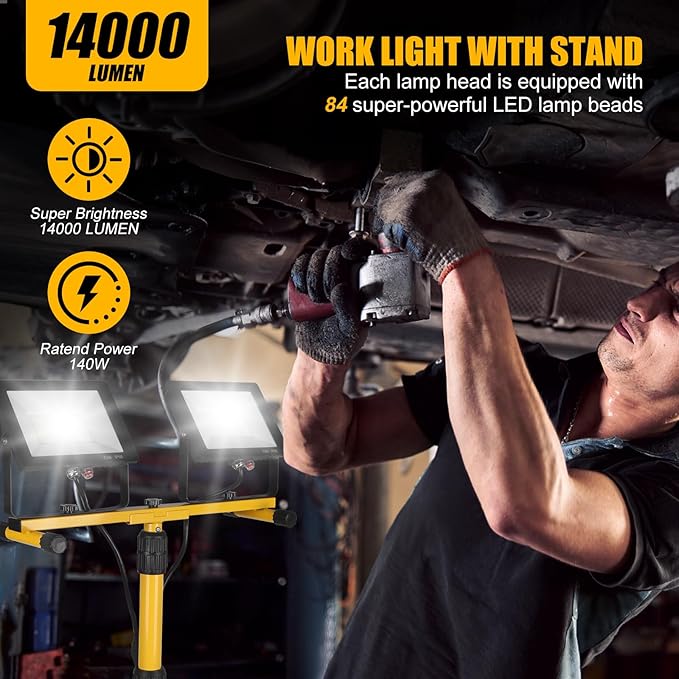 14000Lumen LED Work Lights with Stand - 2 Head Portable Work Light on Stand - IP66 Waterproof Tripod Worklights for Outdoor Indoor Job Site Workshop Garage Construction Site Lighting