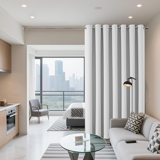 Joydeco Blackout Patio Sliding Door Curtains 108 Inches Long, Grommet Privacy Room Divider Curtains, Extra Wide Thermal Blackout Drapes for Bedroom Living Room (Greyish White, 70Wx108L, 1 Panel)