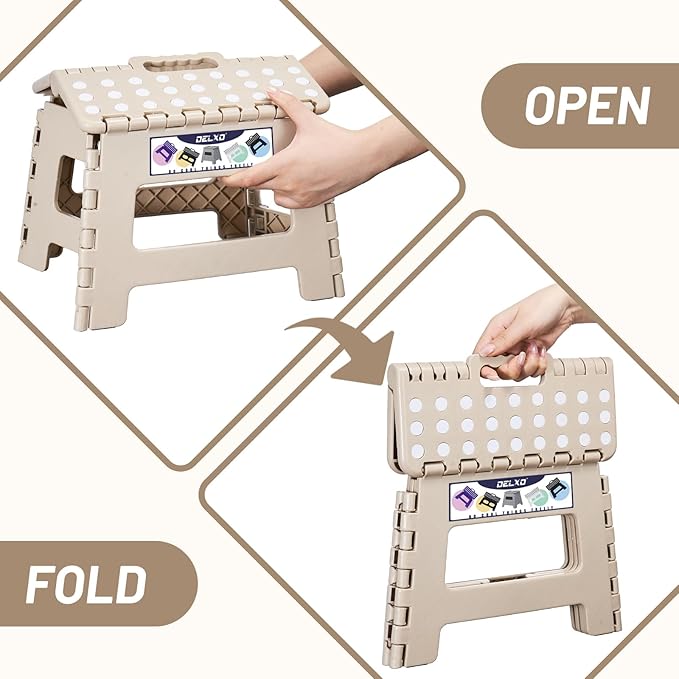 Delxo Folding Step Stool,9 Inch Lightweight Plastic Stepstool,Portable Collapsible Foldable Step Stool Non Slip Folding Stools for Kitchen Bathroom Bedroom in Khaki,1 Pack