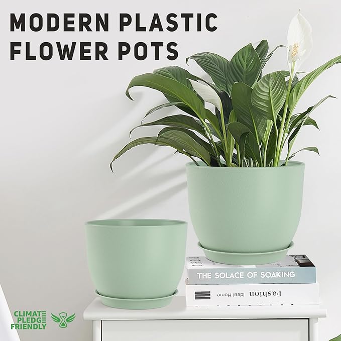 Plant Pots 10/9/8/7.5/7 inch Flower Pots with Multi Mesh Drainage Holes, Planters for Indoor Outdoor Garden Plants and Flowers. (Green)