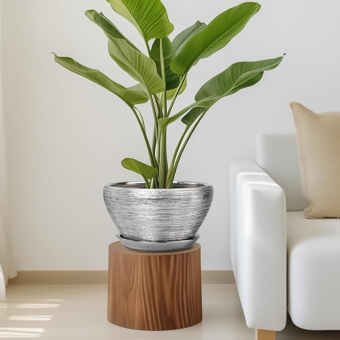 Flower Pot for Indoor Plants - Ceramic Planter 11 Inch Plant Pot with Drainage Hole and Saucer Large Decorative Planter Outdoor Mid-Century Planter for House Decor Silver