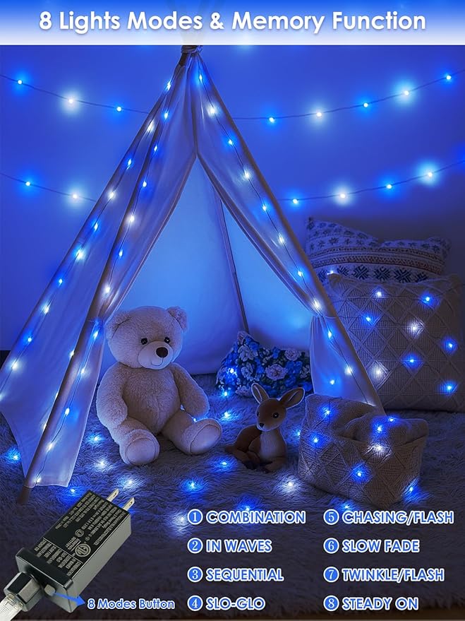 66Ft 200 LED Fairy Lights Plug in, Waterproof String Lights Outdoor & Indoor 8 Modes Christmas Lights Bedroom Decor, Timer Twinkle Light for Girl's Room Garden Party Christmas Decorations (Blue&White)