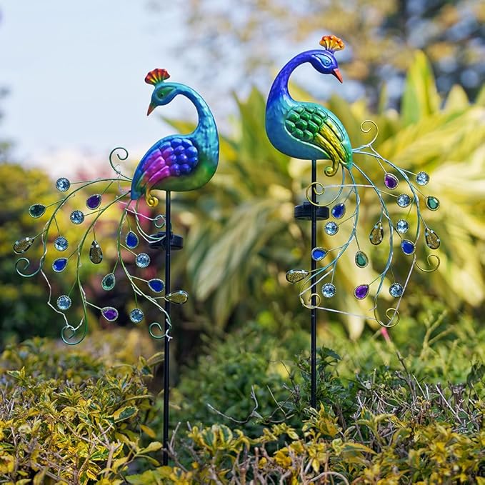 DREAMSOUL 2 Pack Peacock Solar Lights Outdoor, Waterproof Metal Peacock Outdoor Solar Lights for Yards Pathway Lawn Decoration Peacock Gifts