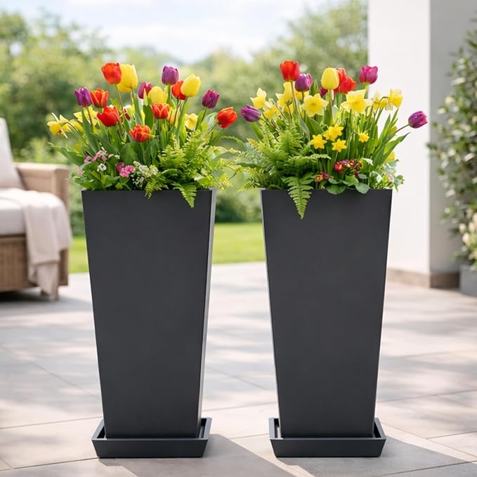 FENCY Set of 2 Tall Planters for Outdoor Plants, 24 Inch Large Tapered Pots with Drainage Trays, Weather-Resistant Plastic Plant Containers for Patio, Porch, Garden, Front Door Decor,Black
