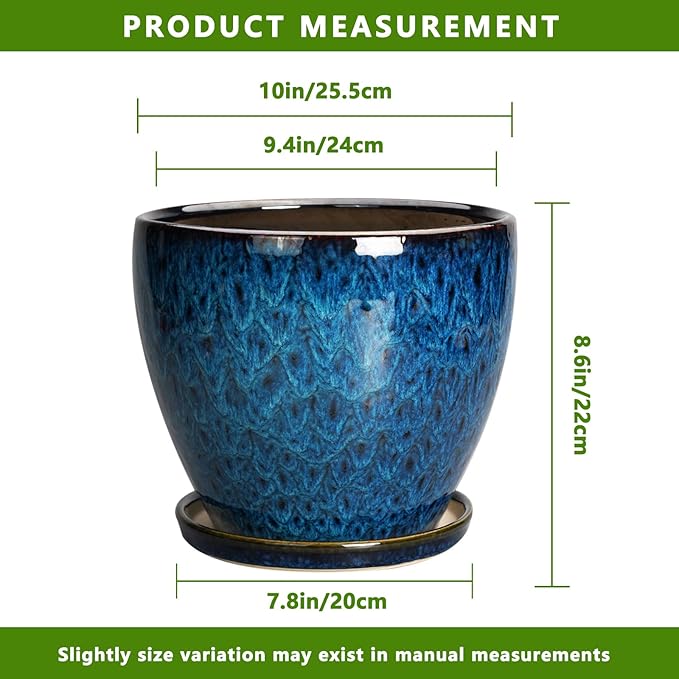 10 Inch Ceramic Planter Pot Round Plant Pot for Indoor Plants Outdoor Large Flower Pot with Drainage Hole and Saucer Blue