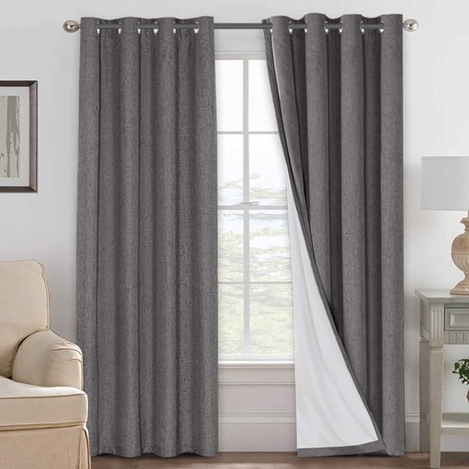 H.VERSAILTEX Linen Blackout Curtains 108 Inches Long 100% Absolutely Blackout Thermal Insulated Textured Linen Look Curtain Draperies Anti-Rust Grommet, Energy Saving with White Liner, 2 Panels, Grey