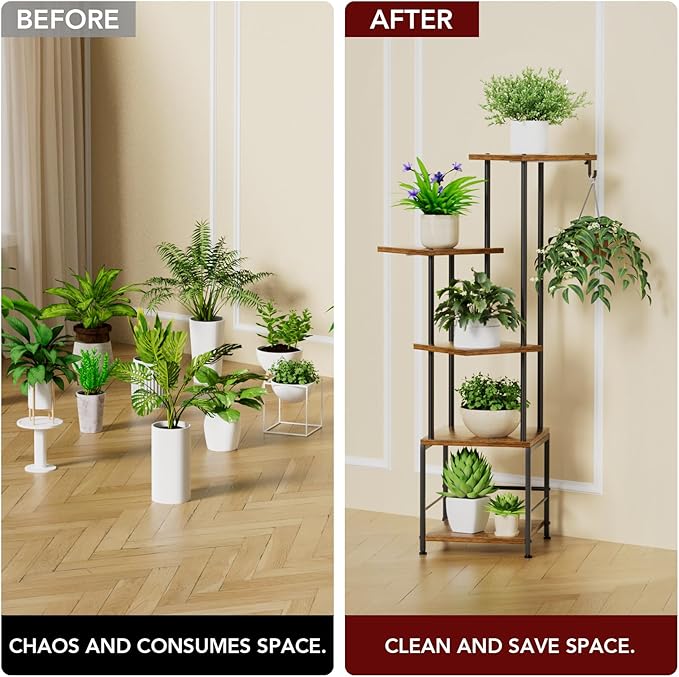 Plant Stand Indoor with Grow Light, 5-Tiered Tall Plant Stand Indoor, Metal Plant Shelf with Hanging Basket Hook and Adjustable Light, Ideal for Living Room, Garden, Patio (Black Brown)