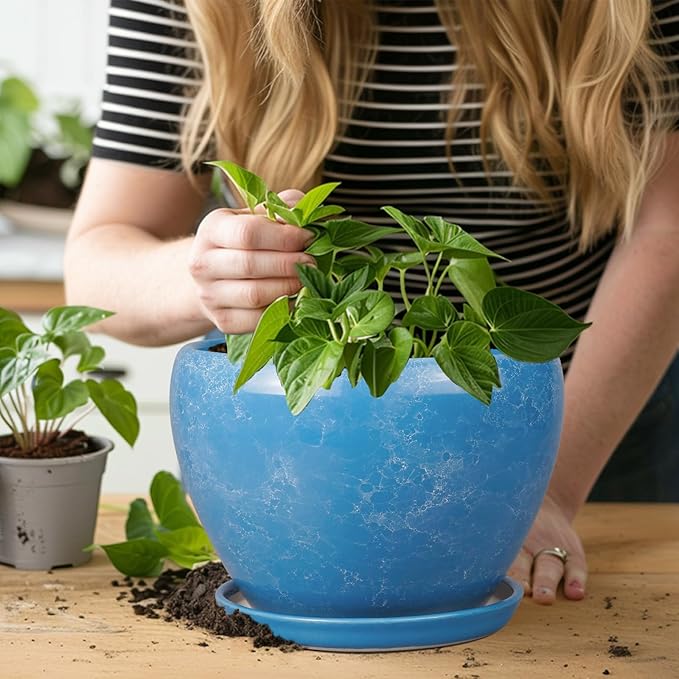 Ceramic Planter - 8 Inch Plant Pot with Drainage Hole and Saucer, Glaze Round Flower Pot for Home Garden Patio Office, Blue
