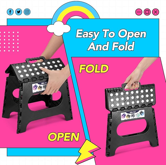 Delxo Folding Step Stool,11 Inch Non-Slip Foldable Step Stools for Kids and Adults,Portable Foldable Step Stool Lightweight Small Folding Stool with Handle for Kitchen Bathroom in Black,1 Pack