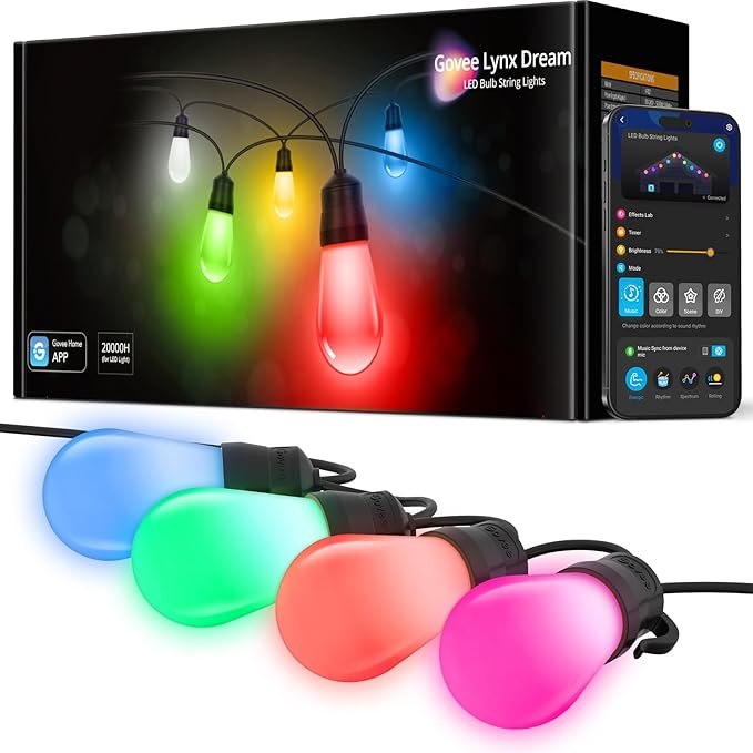Govee Smart Outdoor String Lights H7016, 96ft RGBIC Outdoor Lights with 30 Dimmable LED Bulbs, IP65 Waterproof, Color Changing Warm White Lights with 47 Scene Modes for Patio, Backyard, App Control