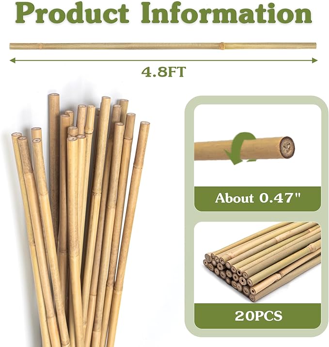 Plant Stakes 4.8FT, Natural Bamboo Stakes, HAINANSTRY 20Pcs Sturdy Bamboo Garden Stakes, Bamboo Sticks for Plants, Beans, Indoor and Outdoor Climbing Plants, Tomato Vegetable Stakes for Garden