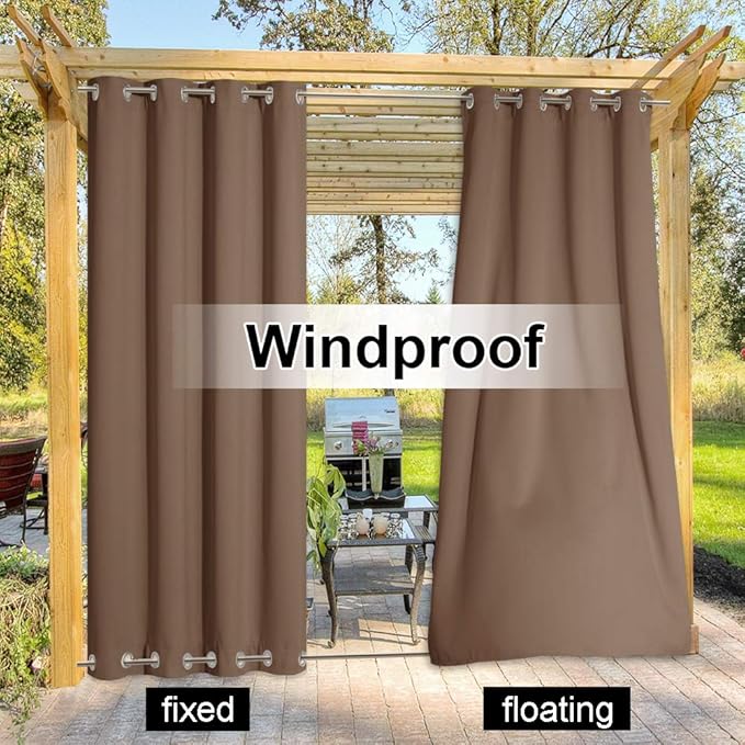 NICETOWN 2 Panels Weighted Blackout Curtains Patio Waterproof, Thermal Insulated Stainless Steel Top and Bottom Grommet Wind-Break Outdoor Drapes Keep Privacy for Pergola, W52 by L84, Tan-Khaki