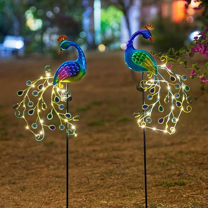 DREAMSOUL 2 Pack Peacock Solar Lights Outdoor, Waterproof Metal Peacock Outdoor Solar Lights for Yards Pathway Lawn Decoration Peacock Gifts