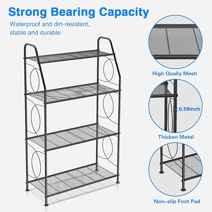 Plant Stand, 4 Tier Plant Shelf for Indoor Outdoor, Heavy Duty Metal Tall Plant Stands Holder Rack for Living Room Balcony and Garden, Black