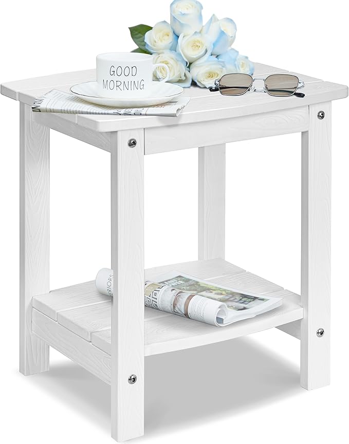Y&M Outdoor Side Table, HIPS Adirondack Small Double Layer Table, Waterproof Square Outside Table, Balcony Modern End Tables for Patio, Pool, Beach, Porch, Deck, Indoor or Outdoor Use, White