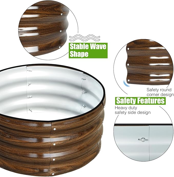 SnugNiture 3 Pcs 2x2x1ft Round Galvanized Raised Garden Bed Kit Outdoor, Metal Planter Box for Planting Plants Vegetables, Brown