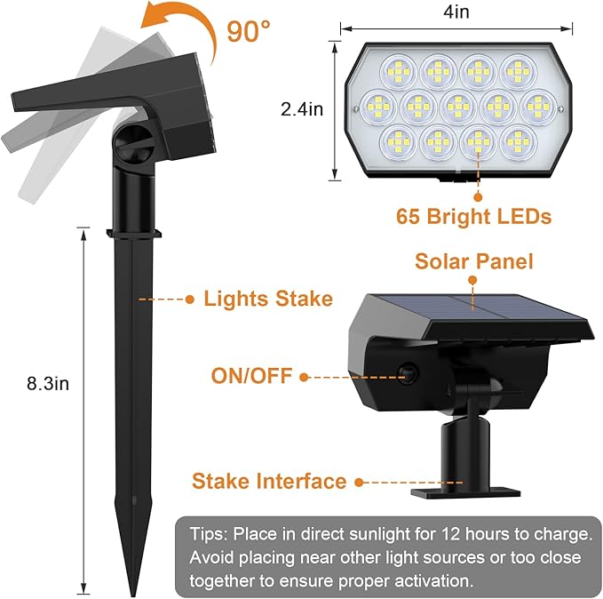 WELALO Solar Spot Lights Outdoor, [2 Pack/65 LED/3 Modes] Solar Landscape Spotlights, Solar Powered Security Lights, IP68 Waterproof Wall Lights for Outsides Walkway Yard Garden Driveway(Cool White)