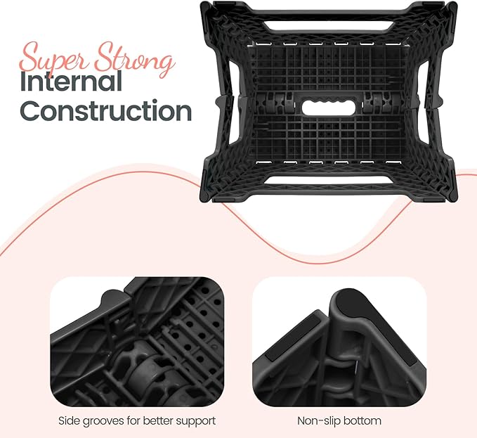 Delxo Folding Step Stool 9 Inch Non-Slip Foldable Stools for Kids & Adults Up to 300 LBS Kitchen Collapsible Fold Up Stepping Stool with Dotted 1 Pack Black