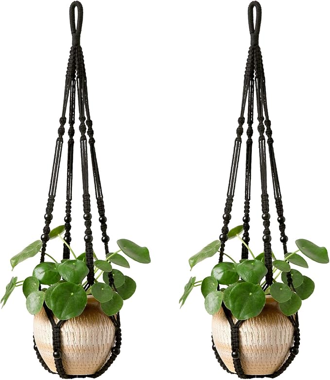 Mkono Macrame Plant Hanger Indoor Hanging Planter Basket with Wood Beads Decorative Flower Pot Holder No Tassels for Indoor Outdoor Boho Home Decor 35 Inch, Black, Set of 2 (POTS NOT Included)