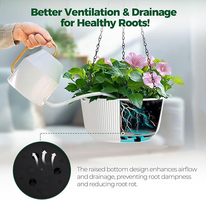 T4U 12 Inch Large Hanging Planters for Indoor Plants, 2 Pack Self Watering Pots Indoor, Hanging Baskets for Plants,Hanging Flower Pot with Drainage Hole and Plant Hanger, White