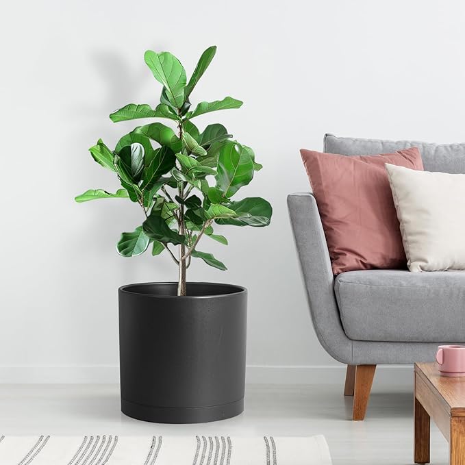 12 inch Large Deep Plant Pots for Outdoor Indoor Plants, Tall Cylinder Flower Pots with Drainage Holes and Saucer, Big Decorative Plastic Planter Pots for Garden Porch House Plants, Black