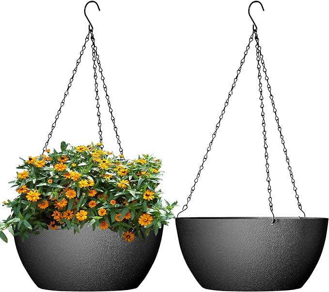 10 inch Hanging Planters for Outdoor Indoor Plants with Drainage Holes and Chain, 2 Pack Round Hanging Flower Pots for Garden Home Porch Decor, Black