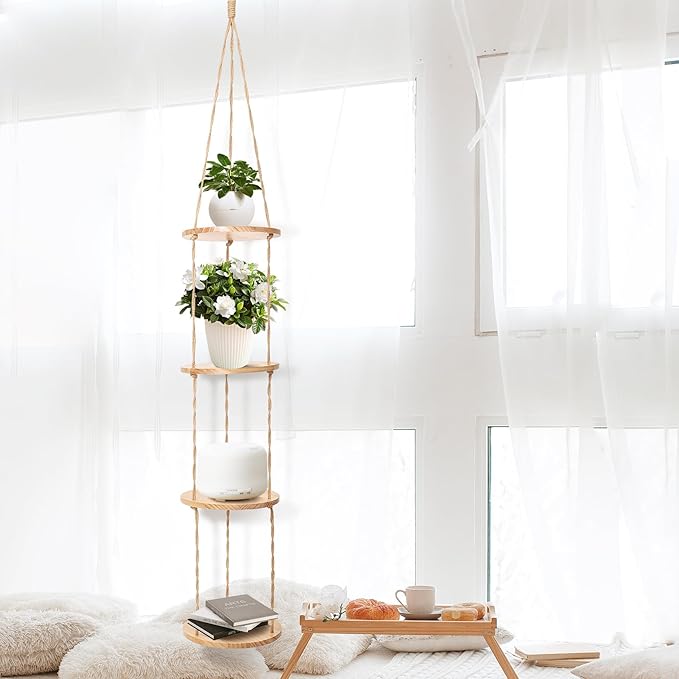 Hemp Rope Hanging Plant Shelf from Ceiling for Narrow Space or window Boho Hanging plant Shelves, Natural Pine Wooden Plant Stand Display for Indoor, Outdoor, Corner, Balcony, Living Room and Bedroom