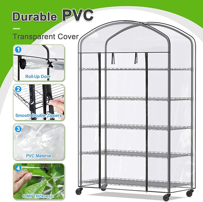 Abimars 5-Tier Greenhouse with Caster Wheel, Each Shelf Height Adjustable Metal Plant Shelf with PVC Cover for Seed Starting Trays, Seedling Pots, Plant Pots, 21x49x80inch