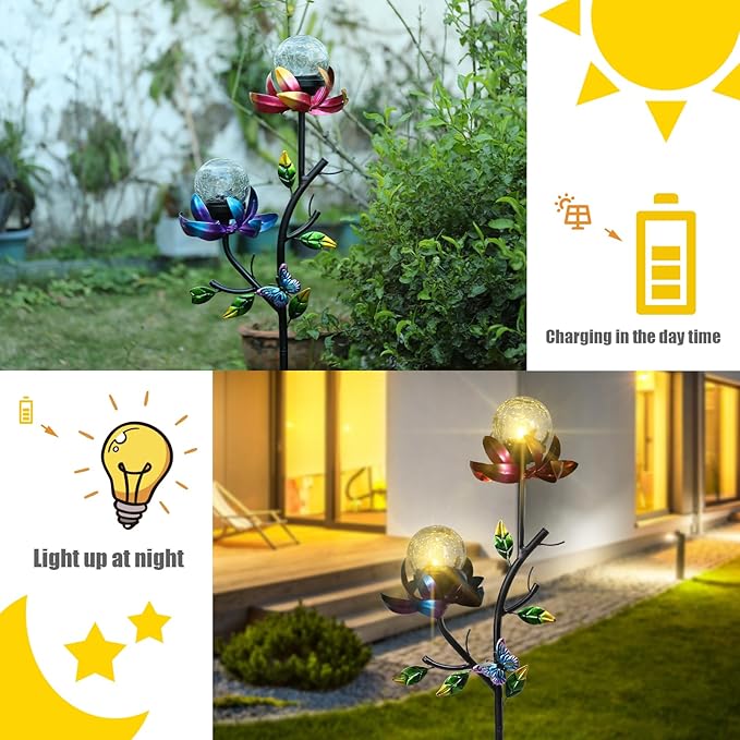 VCUTEKA Solar Garden Flowers with LED Light Crackle Glass Globe Solar Lights Outdoor Metal Stake Wind Spinner for Garden Decoration, Patio Decor, Yard Decor and Gift for Mother