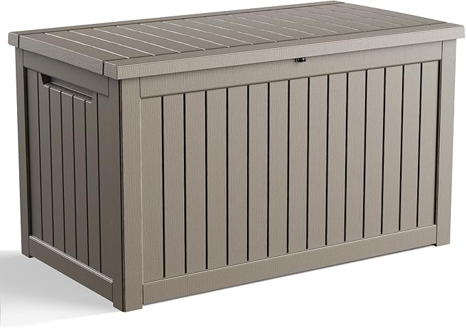 ROJIK Outdoor Storage Housing Deck Box - Waterproof Patio Furniture, Garden Tools, Cushions, Pool Accessories Storage Bench with Lockable Lid and Side Handles (Grey 238 Gal)