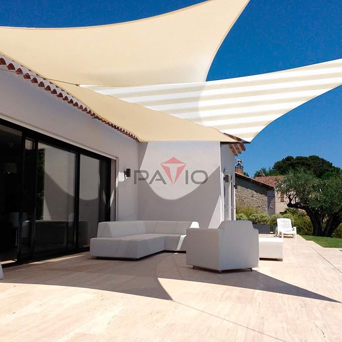 Patio Paradise 23' x 23' x 23' Sun Shade Sail Triangle Canopy Shade Cloth Fabric Sunlight Block Patio Pergola Cover HDPE Deck Awning for Outdoor Backyard Roof Shading, Beige White Strip