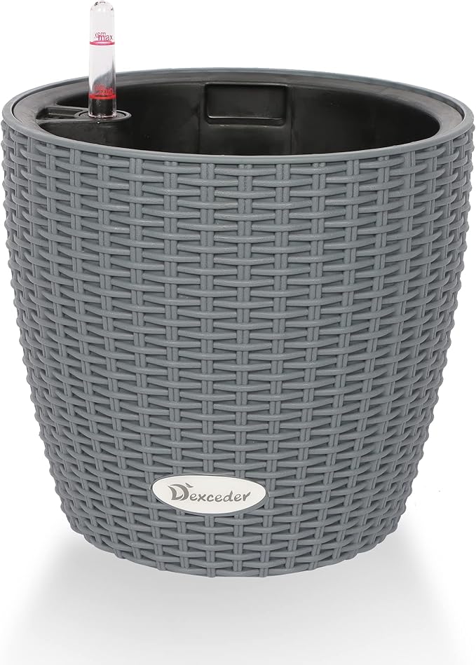 Dexceder 9x8 Inches Rattan Self Watering Planter Indoor Outdoor, Inner Pot Design, Thickened Table Flower Plant Pot with Water Level Indicator (Deep Gray)