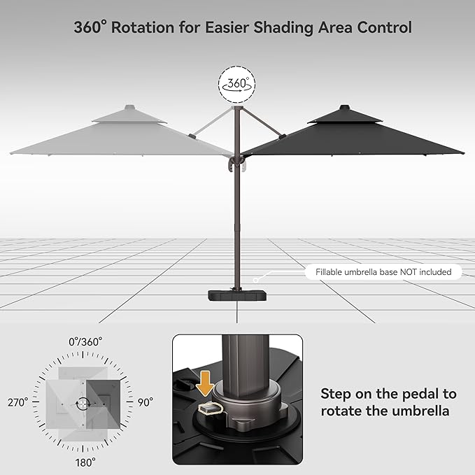 9x12FT Cantilever Patio Umbrella - Heavy Duty Double Layer Offset Design with 360° Rotation, Large Rectangle Sun Shade Umbrella for Garden, Deck, Pool, Backyard, Grey