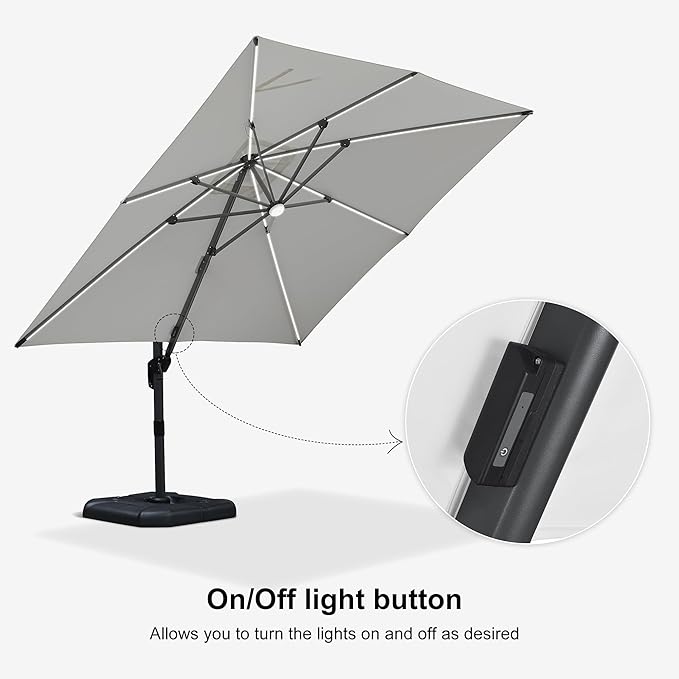 PURPLE LEAF 10 Feet Patio Umbrella with Base Outdoor Cantilever Solar Powered LED Square Umbrella Aluminum Offset Umbrella with 360-degree Rotation for Garden Deck Pool Patio White
