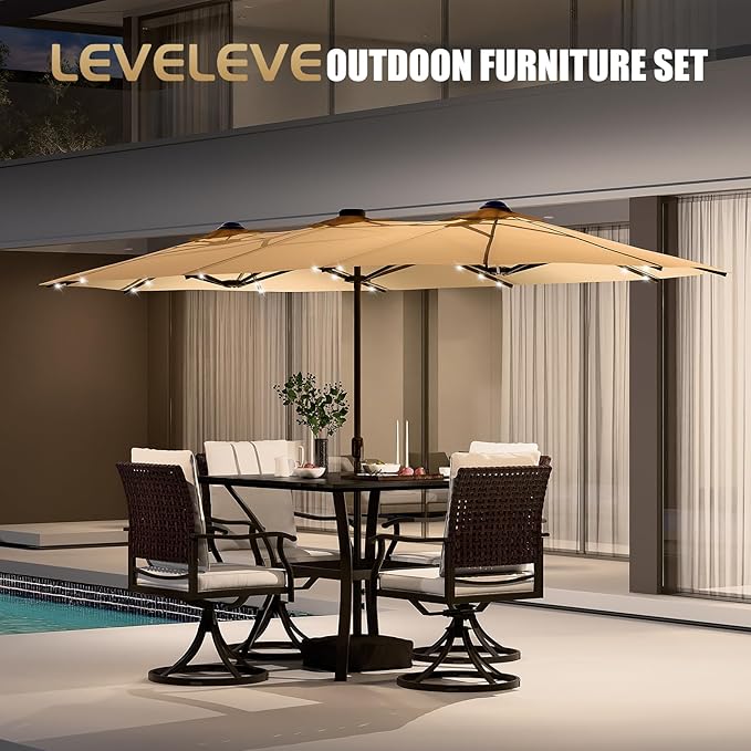 LEVELEVE 14FT Large Patio Patio Umbrella with Base & Solar LED Lights - Double-Sided,Kahaki