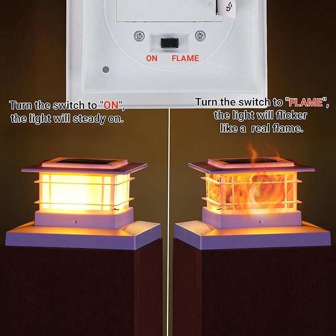 Dynaming 6 Pack Solar Post Cap Lights Outdoor with Flickering Flame Light, White Shell Fence Post Solar Lights Fit 4x4 5x5 Vinyl/Wooden Posts, Brightness LED Lighting Decor for Garden Deck Patio